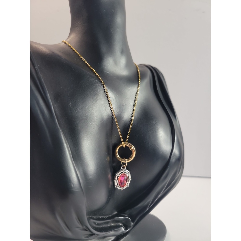 Pink Faceted Oval Pendant Necklace Gold Silver Tone Mixed Metal Statement